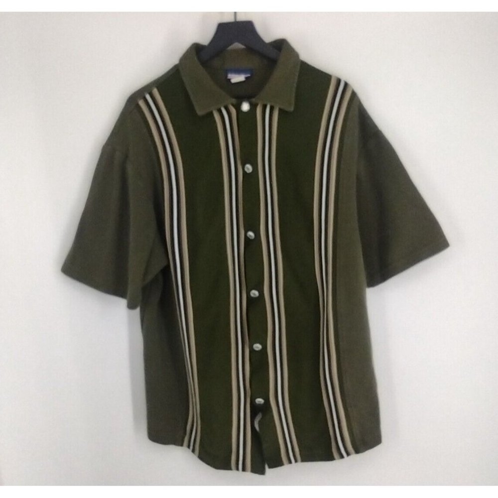 VTG 90s BREAKDOWN Heavy Baggy Striped Rave Skate Olive Collar Button Shirt Mens